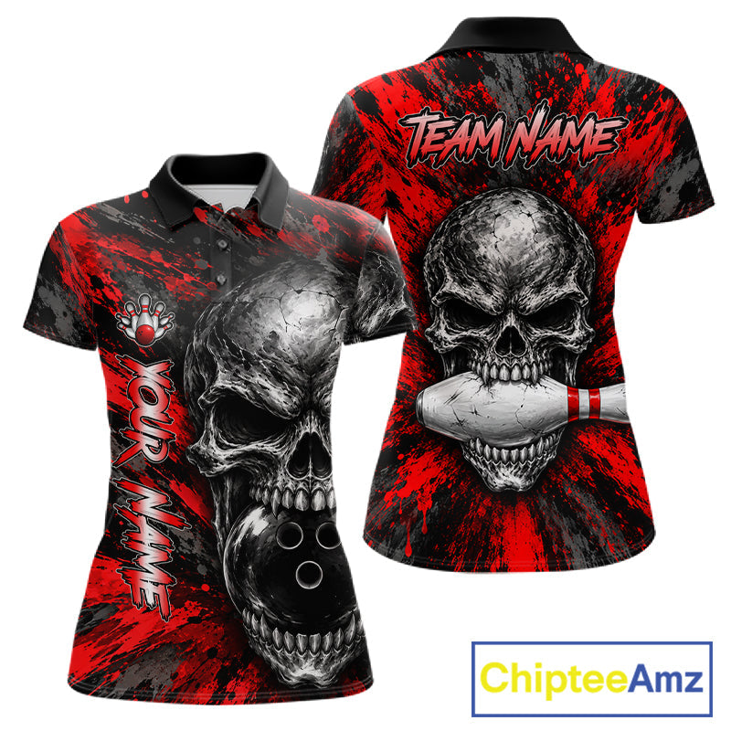 Red Brush Grunge Skull Bowling Polo Quarter-Zip Personalized Bowling Team Jersey
