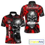 Red Brush Grunge Skull Bowling Polo Quarter-Zip Personalized Bowling Team Jersey