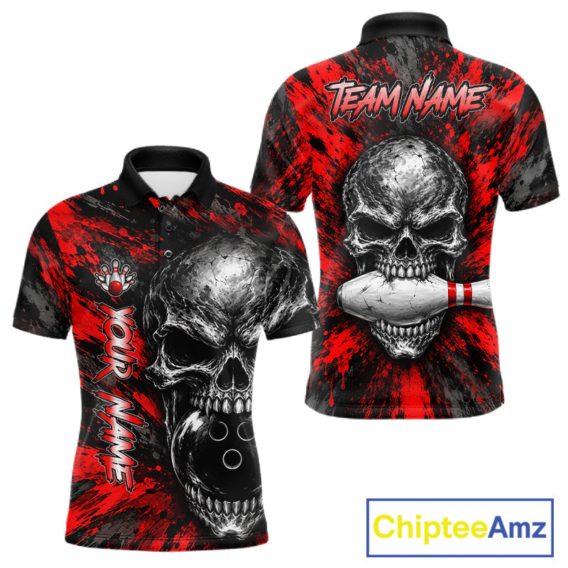 Red Brush Grunge Skull Bowling Polo Quarter-Zip Personalized Bowling Team Jersey