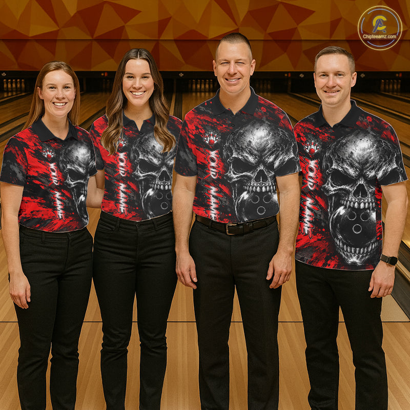 Red Brush Grunge Skull Bowling Polo Quarter-Zip Personalized Bowling Team Jersey