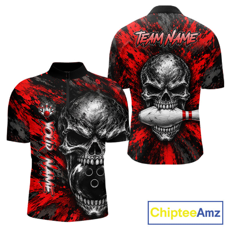 Red Brush Grunge Skull Bowling Polo Quarter-Zip Personalized Bowling Team Jersey