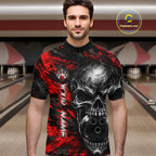 Red Brush Grunge Skull Bowling Polo Quarter-Zip Personalized Bowling Team Jersey