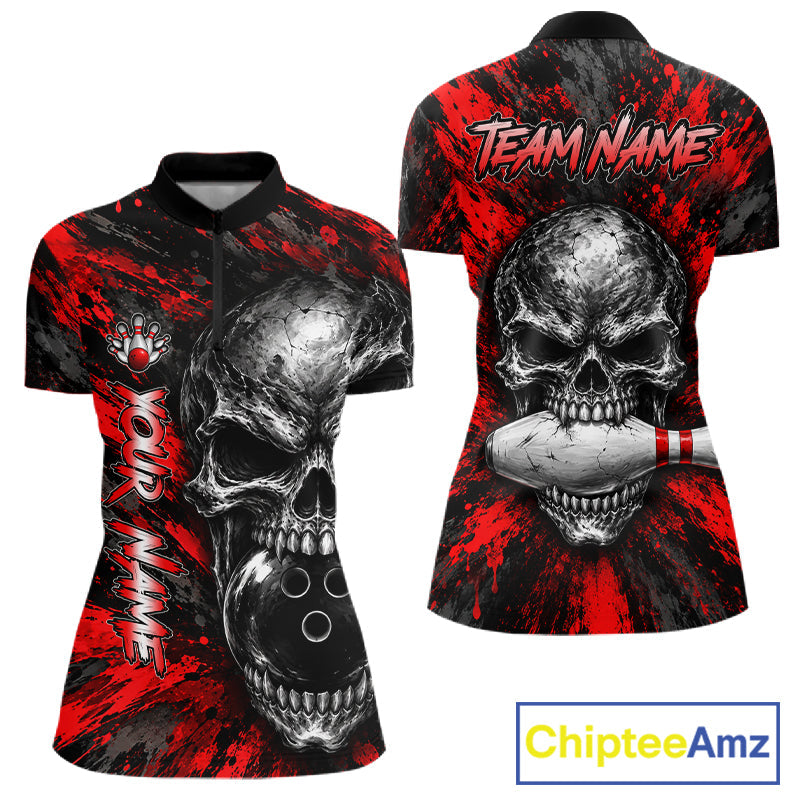 Red Brush Grunge Skull Bowling Polo Quarter-Zip Personalized Bowling Team Jersey
