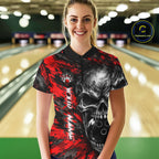 Red Brush Grunge Skull Bowling Polo Quarter-Zip Personalized Bowling Team Jersey
