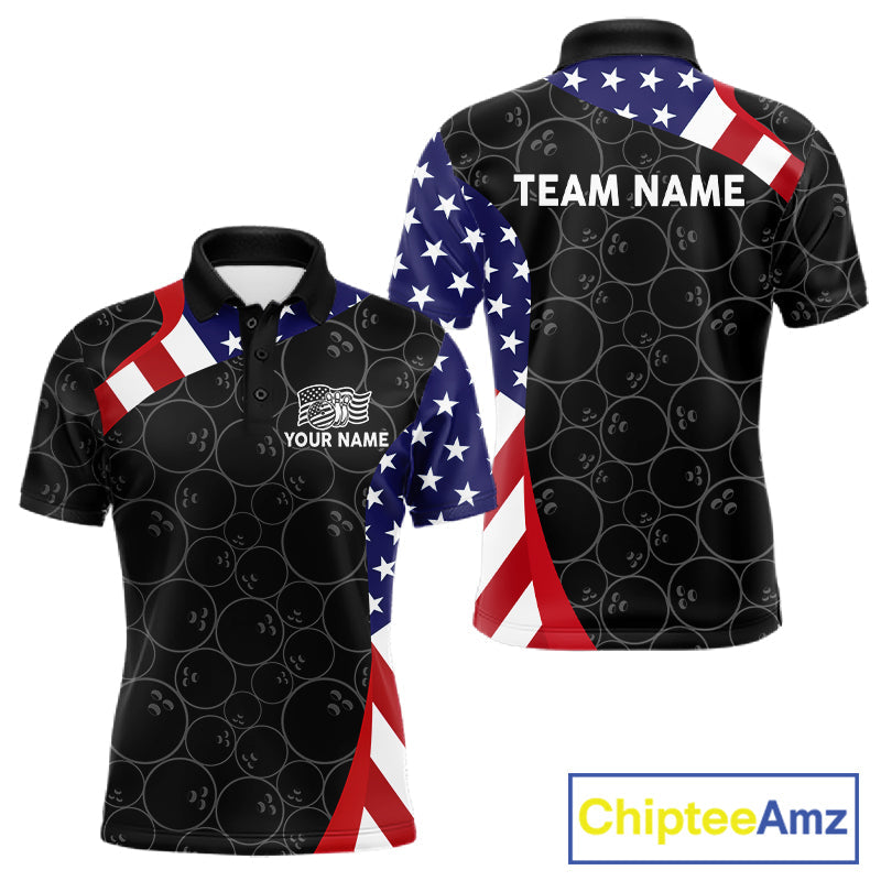Custom Black Bowling Ball US Flag Bowling Polo 1/4-Zip Shirt Patriotic Bowling Tournament Jersey