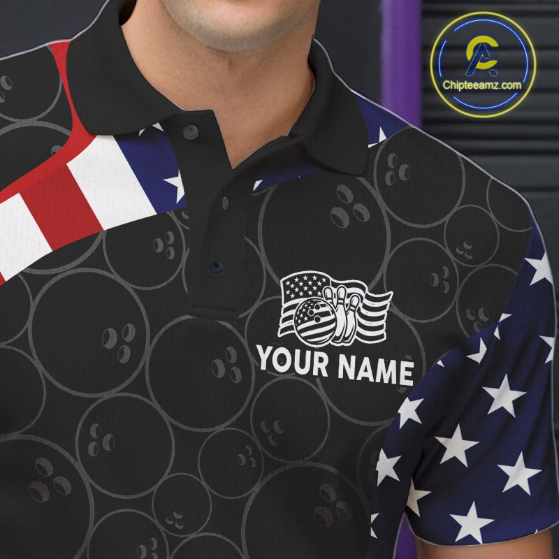 Custom Black Bowling Ball US Flag Bowling Polo 1/4-Zip Shirt Patriotic Bowling Tournament Jersey