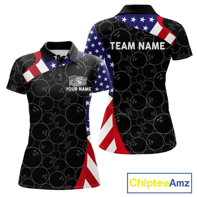 Custom Black Bowling Ball US Flag Bowling Polo 1/4-Zip Shirt Patriotic Bowling Tournament Jersey