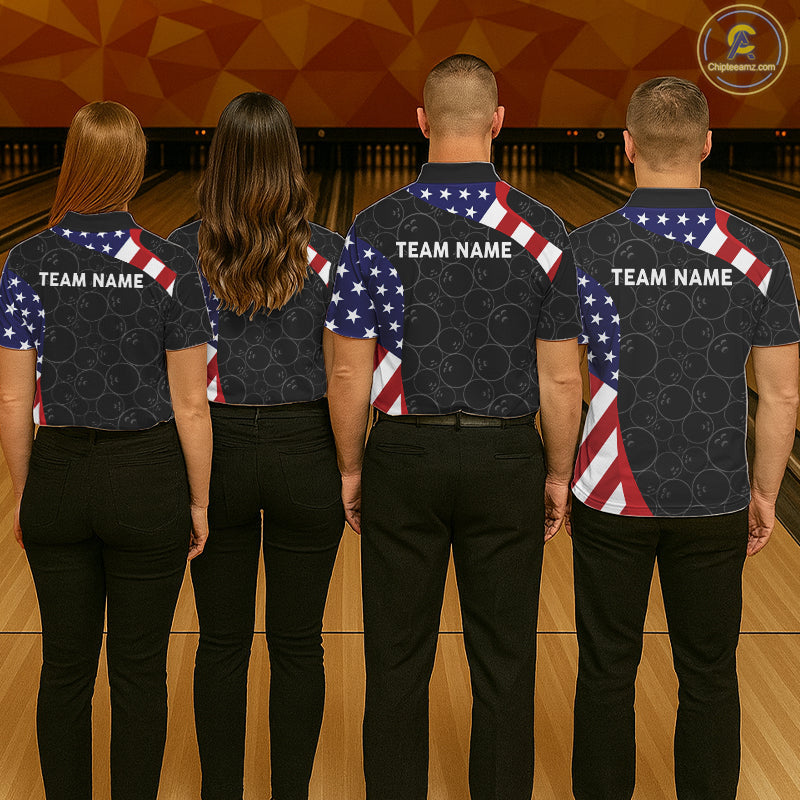 Custom Black Bowling Ball US Flag Bowling Polo 1/4-Zip Shirt Patriotic Bowling Tournament Jersey
