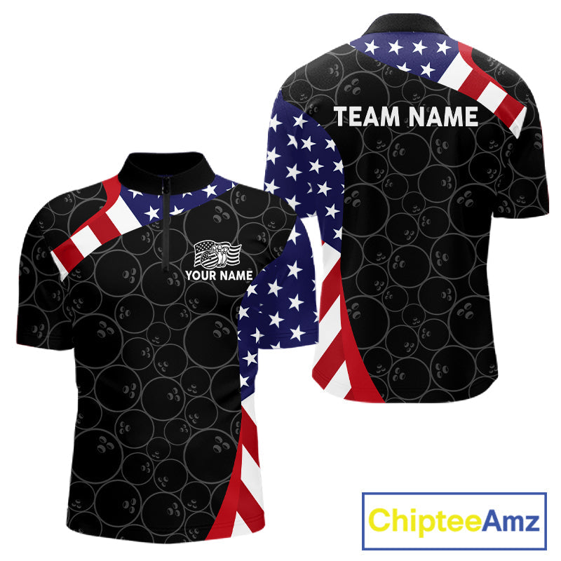 Custom Black Bowling Ball US Flag Bowling Polo 1/4-Zip Shirt Patriotic Bowling Tournament Jersey