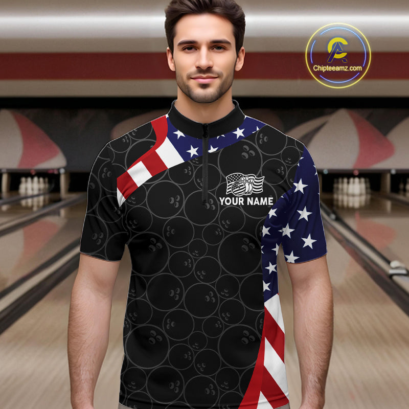 Custom Black Bowling Ball US Flag Bowling Polo 1/4-Zip Shirt Patriotic Bowling Tournament Jersey