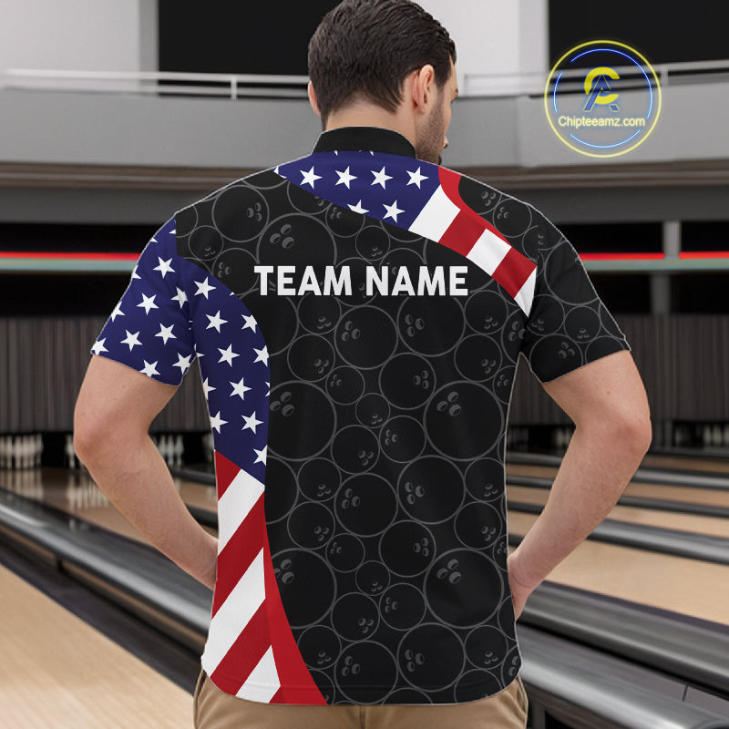 Custom Black Bowling Ball US Flag Bowling Polo 1/4-Zip Shirt Patriotic Bowling Tournament Jersey
