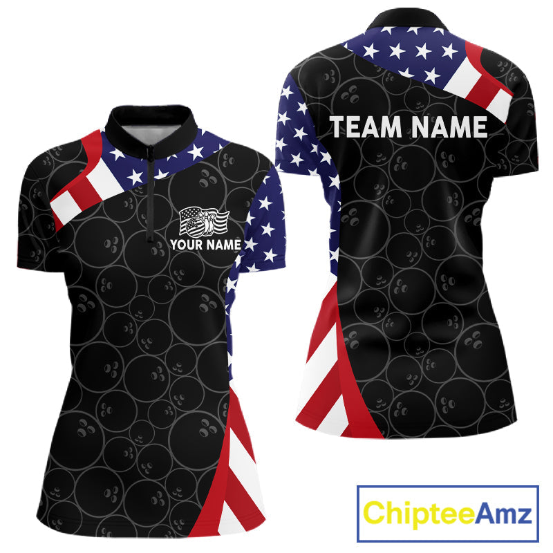 Custom Black Bowling Ball US Flag Bowling Polo 1/4-Zip Shirt Patriotic Bowling Tournament Jersey