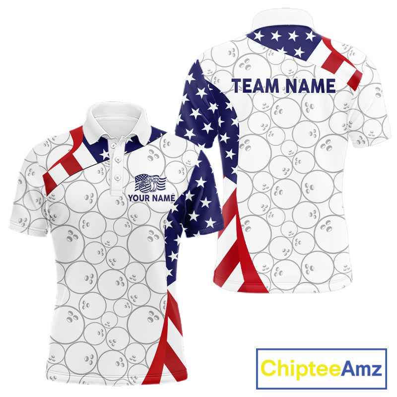 Custom White Bowling Ball US Flag Bowling Polo 1/4-Zip Shirt Patriotic Bowling Tournament Jersey
