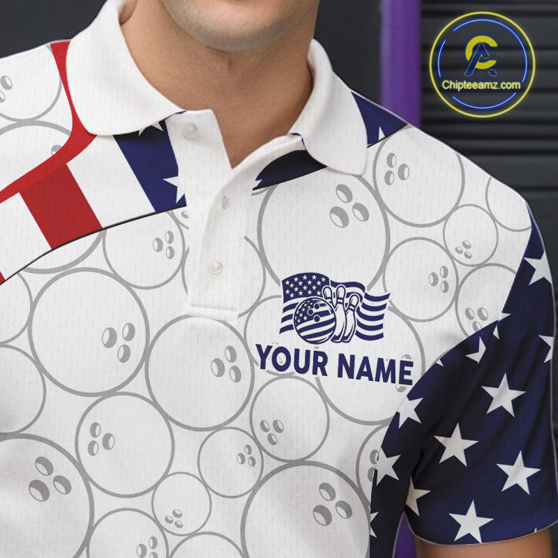 Custom White Bowling Ball US Flag Bowling Polo 1/4-Zip Shirt Patriotic Bowling Tournament Jersey