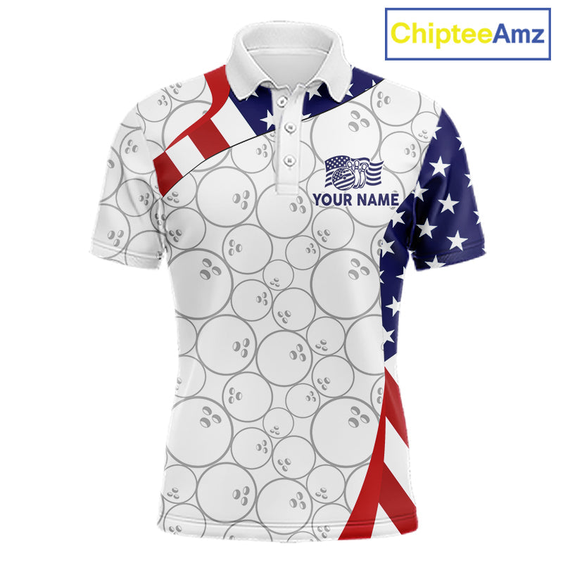 Custom White Bowling Ball US Flag Bowling Polo 1/4-Zip Shirt Patriotic Bowling Tournament Jersey