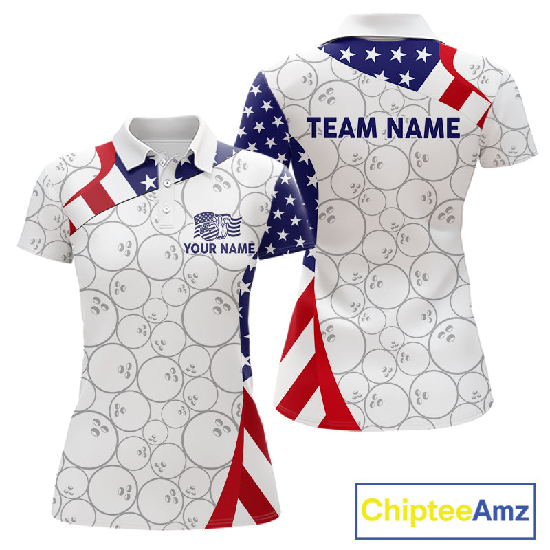 Custom White Bowling Ball US Flag Bowling Polo 1/4-Zip Shirt Patriotic Bowling Tournament Jersey