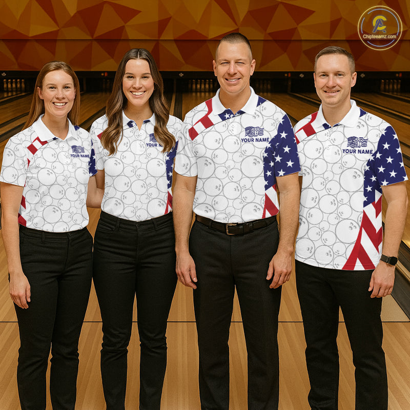 Custom White Bowling Ball US Flag Bowling Polo 1/4-Zip Shirt Patriotic Bowling Tournament Jersey