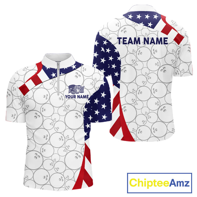 Custom White Bowling Ball US Flag Bowling Polo 1/4-Zip Shirt Patriotic Bowling Tournament Jersey