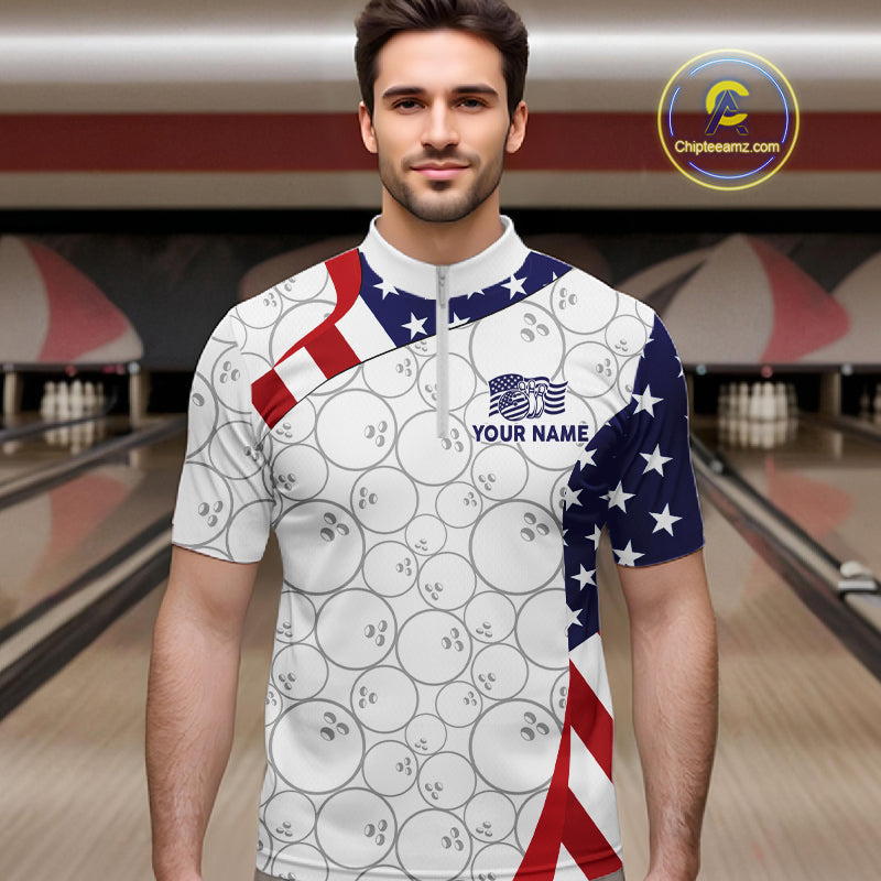 Custom White Bowling Ball US Flag Bowling Polo 1/4-Zip Shirt Patriotic Bowling Tournament Jersey