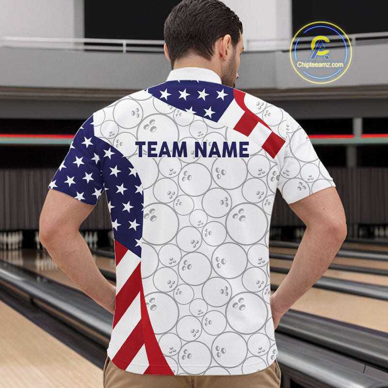 Custom White Bowling Ball US Flag Bowling Polo 1/4-Zip Shirt Patriotic Bowling Tournament Jersey