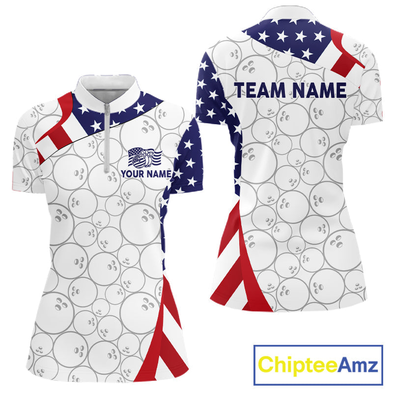 Custom White Bowling Ball US Flag Bowling Polo 1/4-Zip Shirt Patriotic Bowling Tournament Jersey