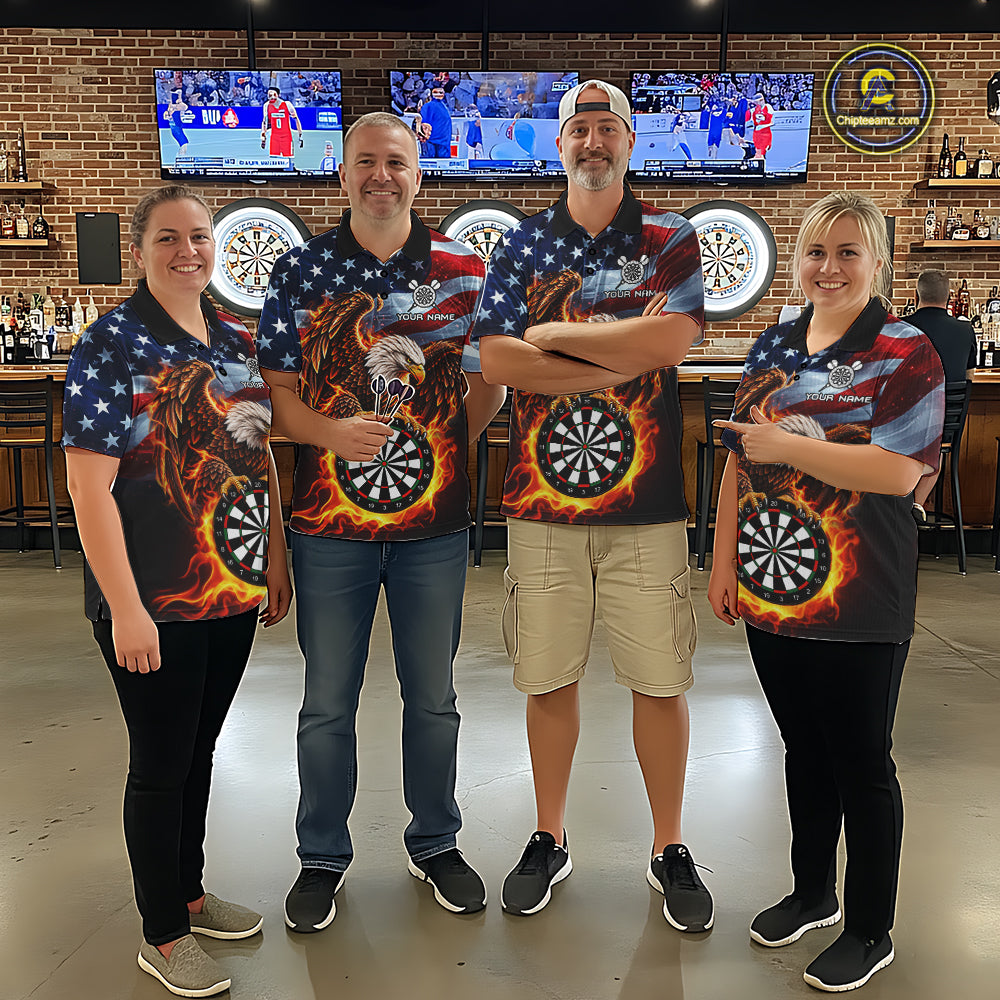 Custom Flame Eagle Patriotic Darts Shirt Personalized US Flag Darts Team Jersey