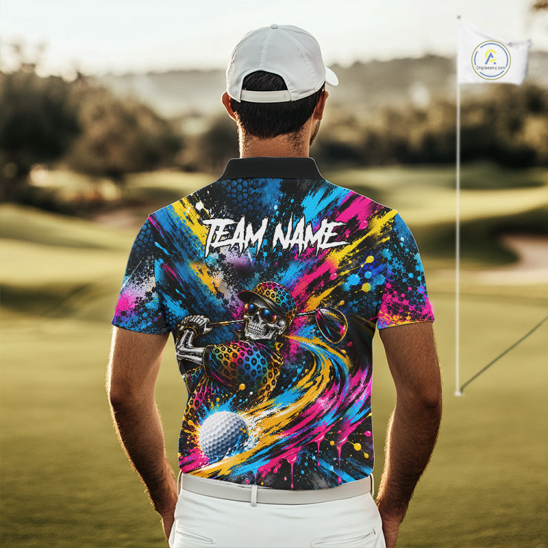 Skeleton Splatter Golf Polo Shirt Custom Neon Colorful Golf Jersey Golf Apparel Gift