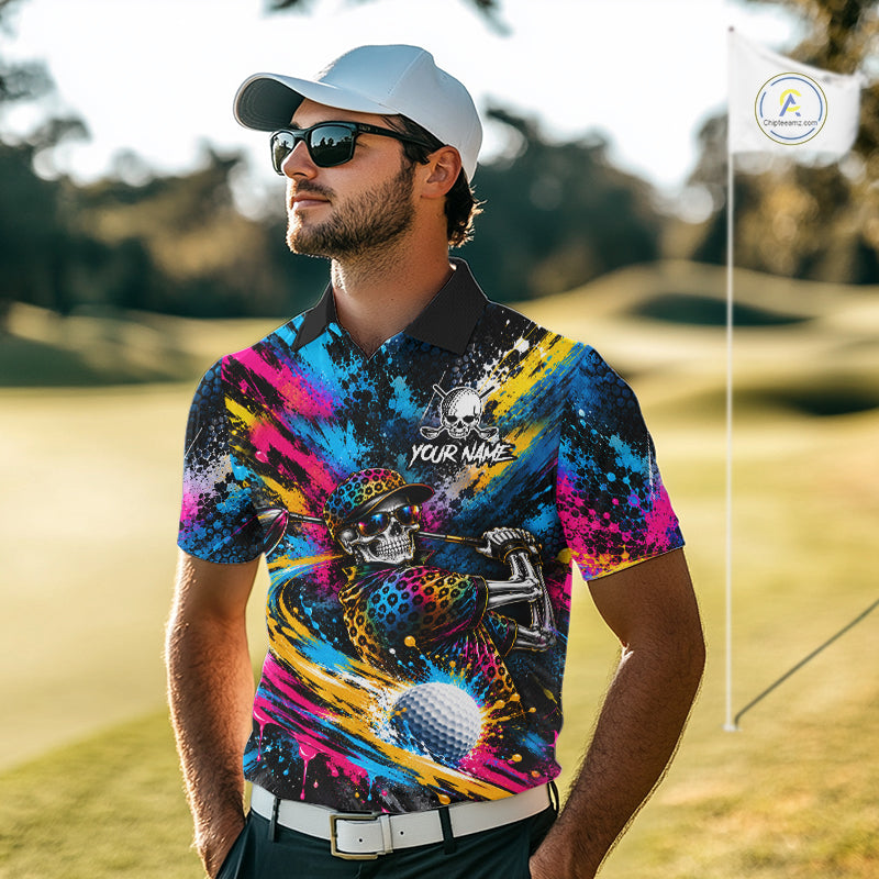 Skeleton Splatter Golf Polo Shirt Custom Neon Colorful Golf Jersey Golf Apparel Gift