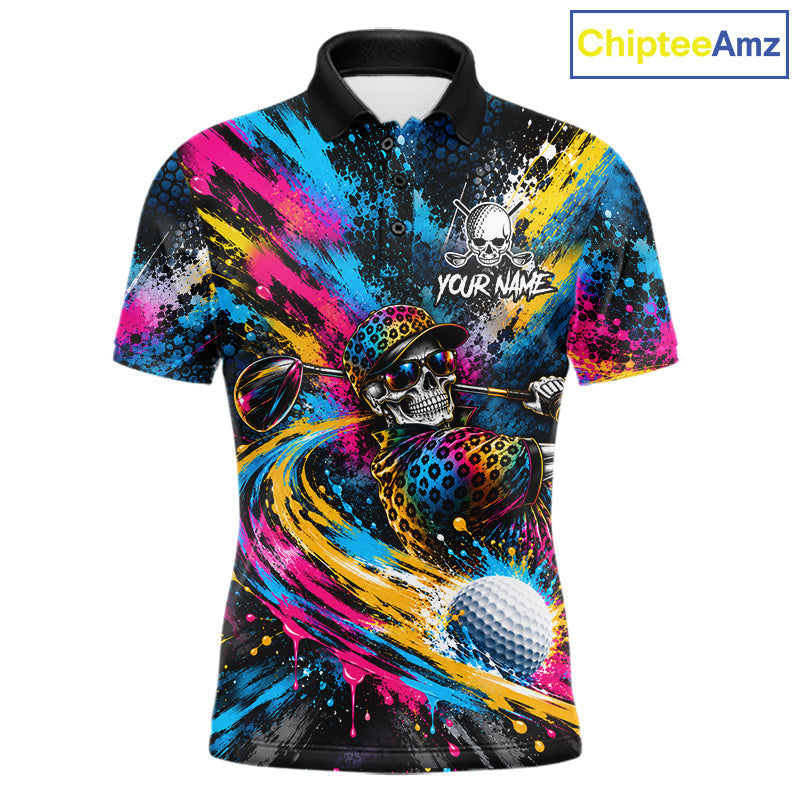 Skeleton Splatter Golf Polo Shirt Custom Neon Colorful Golf Jersey Golf Apparel Gift