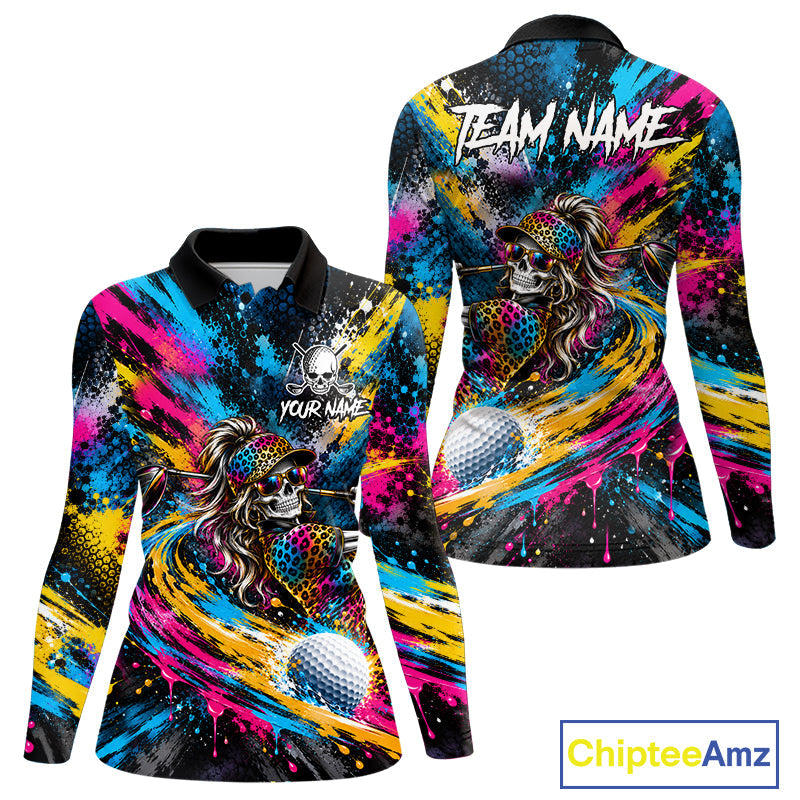 Skeleton Splatter Golf Polo Shirt Custom Neon Colorful Golf Jersey Golf Apparel Gift
