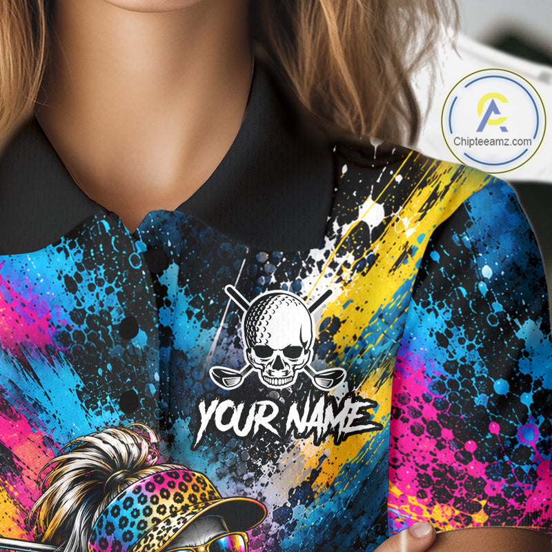 Skeleton Splatter Golf Polo Shirt Custom Neon Colorful Golf Jersey Golf Apparel Gift