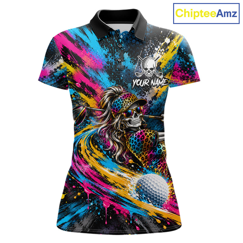 Skeleton Splatter Golf Polo Shirt Custom Neon Colorful Golf Jersey Golf Apparel Gift