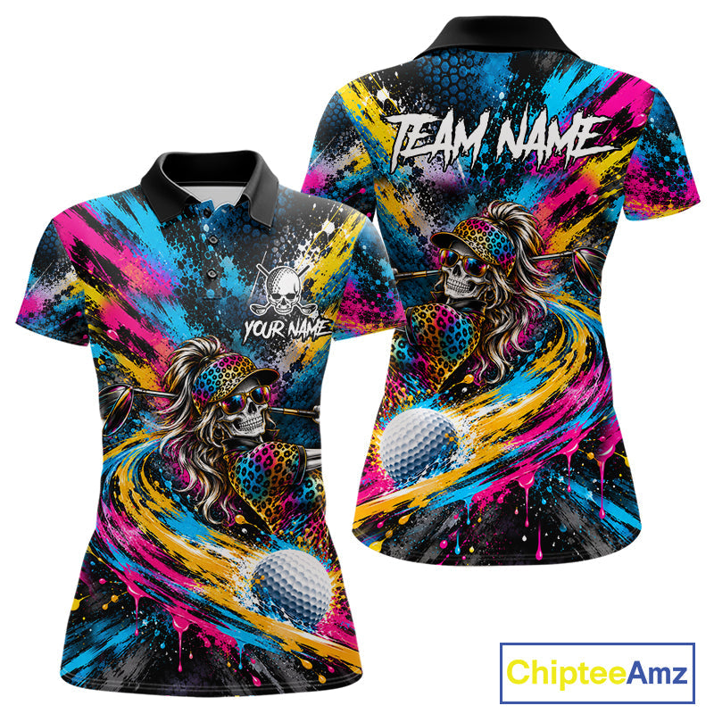 Skeleton Splatter Golf Polo Shirt Custom Neon Colorful Golf Jersey Golf Apparel Gift
