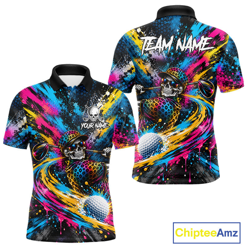 Skeleton Splatter Golf Polo Shirt Custom Neon Colorful Golf Jersey Golf Apparel Gift