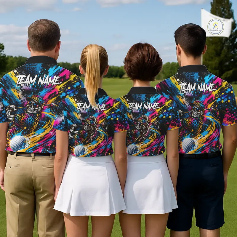 Skeleton Splatter Golf Polo Shirt Custom Neon Colorful Golf Jersey Golf Apparel Gift