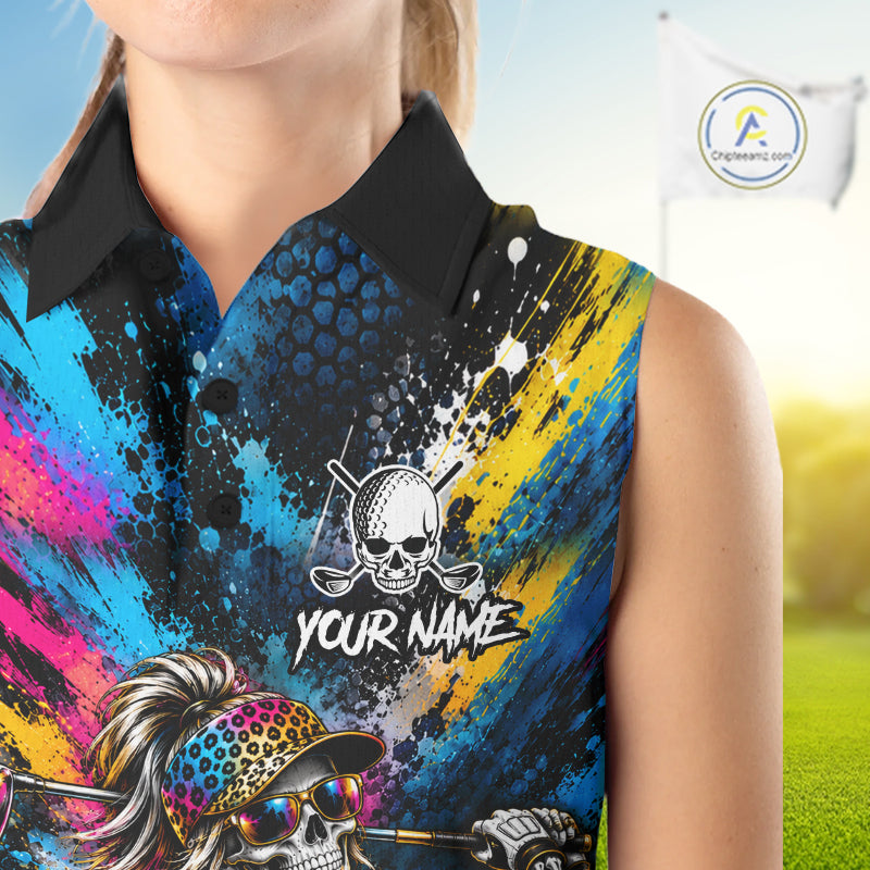Skeleton Splatter Golf Sleeveless Polo Shirt Custom Neon Colorful Golf Jersey Golf Apparel