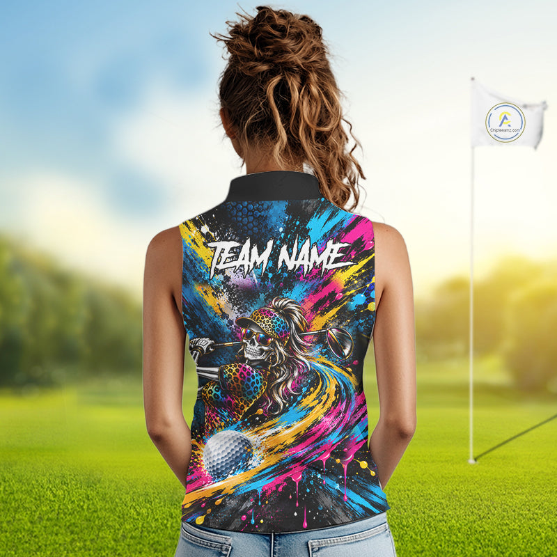 Skeleton Splatter Golf Sleeveless Polo Shirt Custom Neon Colorful Golf Jersey Golf Apparel
