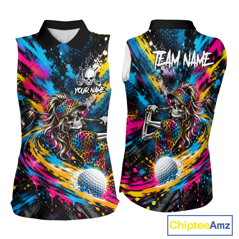 Skeleton Splatter Golf Sleeveless Polo Shirt Custom Neon Colorful Golf Jersey Golf Apparel
