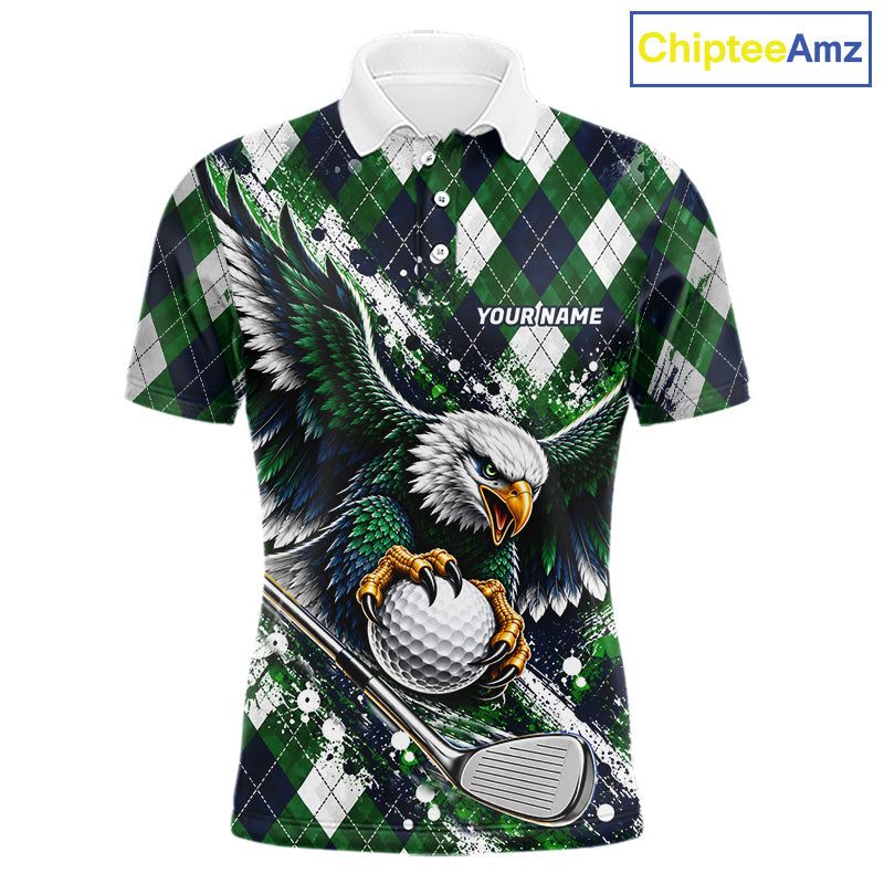 Green Argyle Pattern Eagle Golf Polo Shirt Custom Argyle Golf Team Golf Jersey