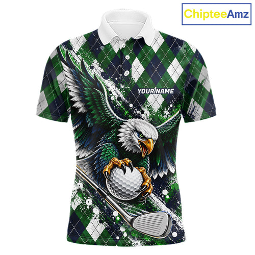 Green Argyle Pattern Eagle Golf Polo Shirt Custom Argyle Golf Team Golf Jersey