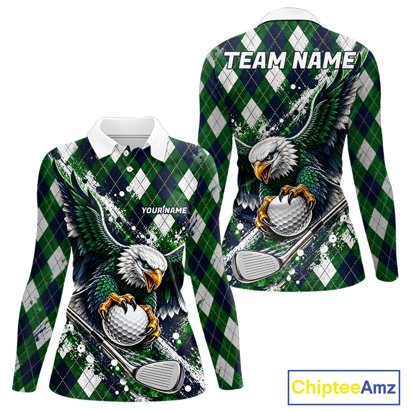 Green Argyle Pattern Eagle Golf Polo Shirt Custom Argyle Golf Team Golf Jersey