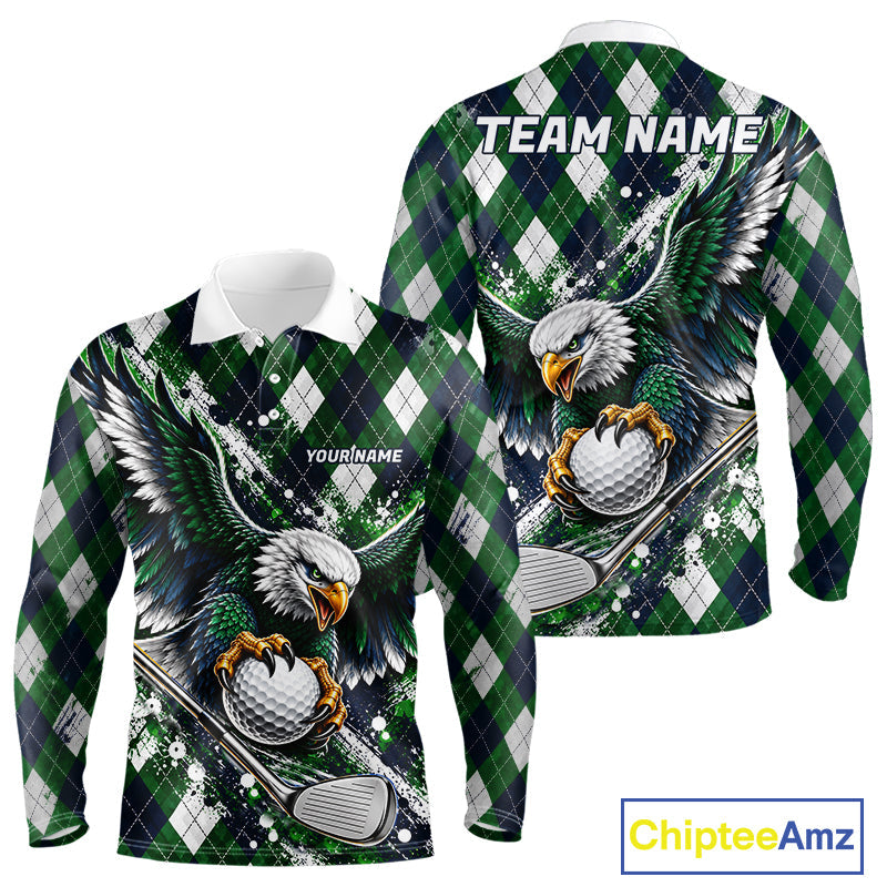 Green Argyle Pattern Eagle Golf Polo Shirt Custom Argyle Golf Team Golf Jersey