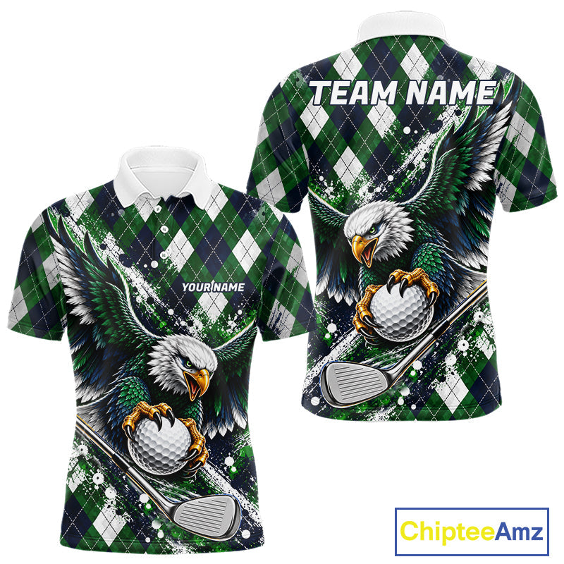 Green Argyle Pattern Eagle Golf Polo Shirt Custom Argyle Golf Team Golf Jersey
