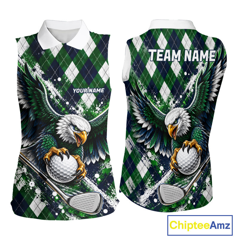 Green Argyle Eagle Golf Sleeveless Polo Shirt Custom Argyle Golf Team Golf Jersey
