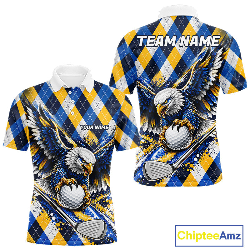 Blue & Yellow Argyle Pattern Eagle Golf Polo Shirt Custom Argyle Golf Team Golf Jersey