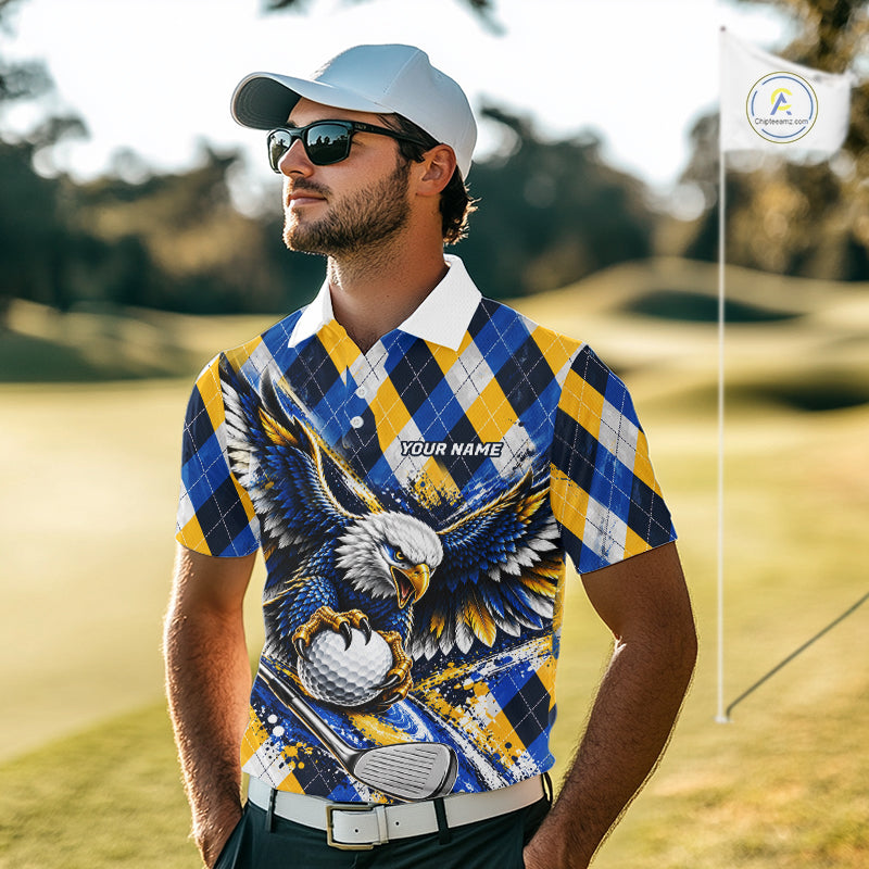 Blue & Yellow Argyle Pattern Eagle Golf Polo Shirt Custom Argyle Golf Team Golf Jersey
