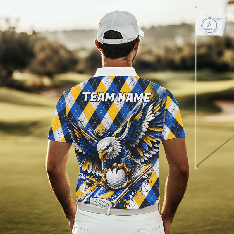 Blue & Yellow Argyle Pattern Eagle Golf Polo Shirt Custom Argyle Golf Team Golf Jersey
