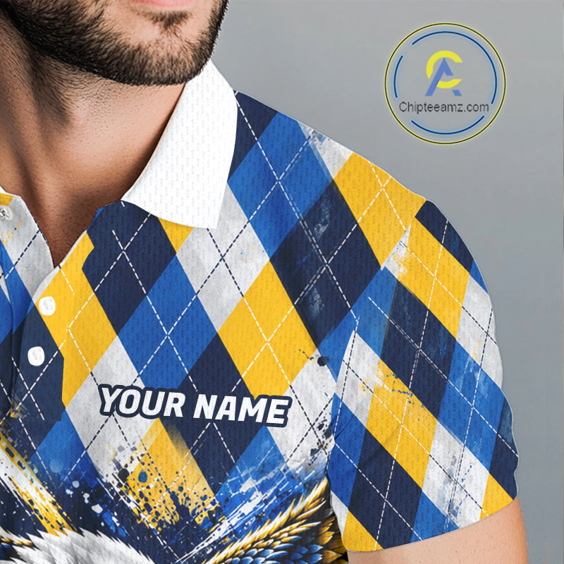 Blue & Yellow Argyle Pattern Eagle Golf Polo Shirt Custom Argyle Golf Team Golf Jersey