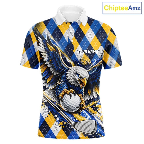 Blue & Yellow Argyle Pattern Eagle Golf Polo Shirt Custom Argyle Golf Team Golf Jersey