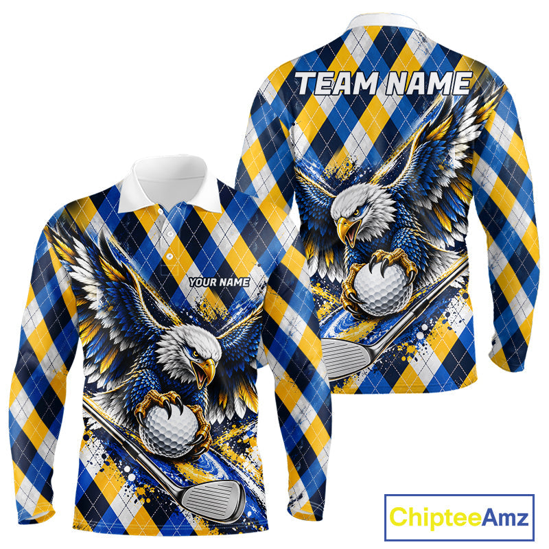 Blue & Yellow Argyle Pattern Eagle Golf Polo Shirt Custom Argyle Golf Team Golf Jersey